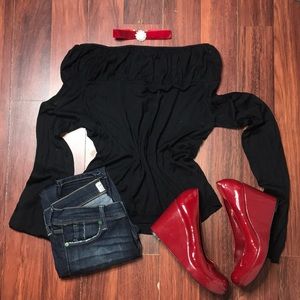 Black Off The Shoulder Long Sleeve Blouse, EUC, XL